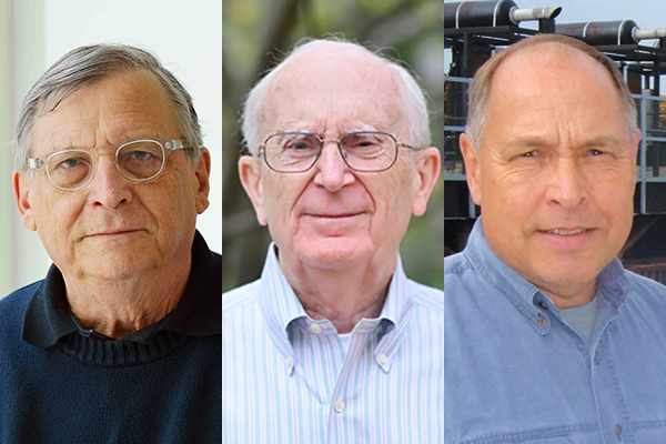 Side by side headshots of three Maryland Engineering faculty members. They are all looking at the camera and wearing blue shirts.