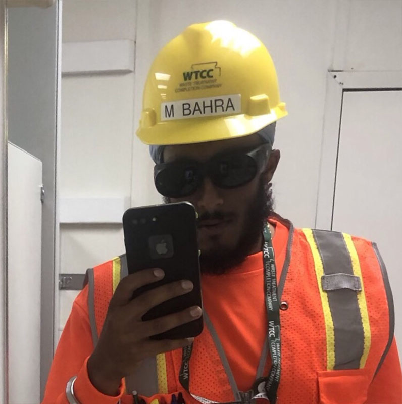 Mangulzar Bahra Bechtel intern summer 2019 wearing construction hat