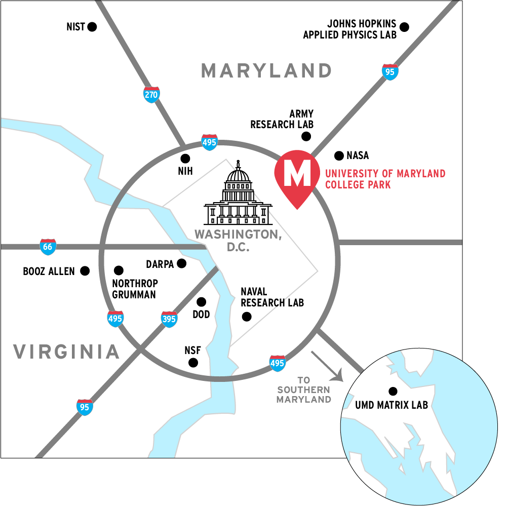 an infomap detailing the University of Maryland, College Park's proximity to Baltimore and Washington D.C.