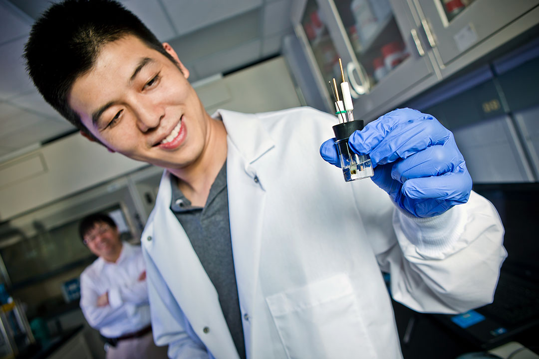 Alumnus Fei Wang holds a typical three-electrode cell used to determine detailed electrochemical properties of a salt water electrolyte