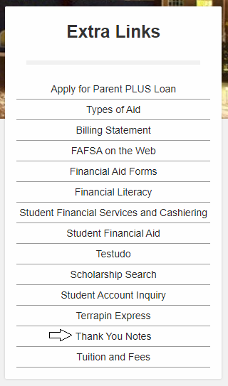 Screenshot of Extra Links Menu in FinAid Portal