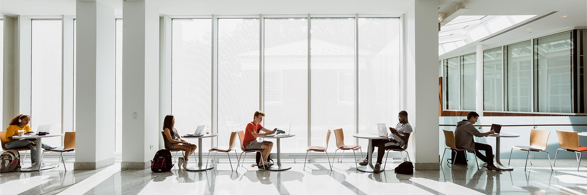 People using laptops in an indoor common area