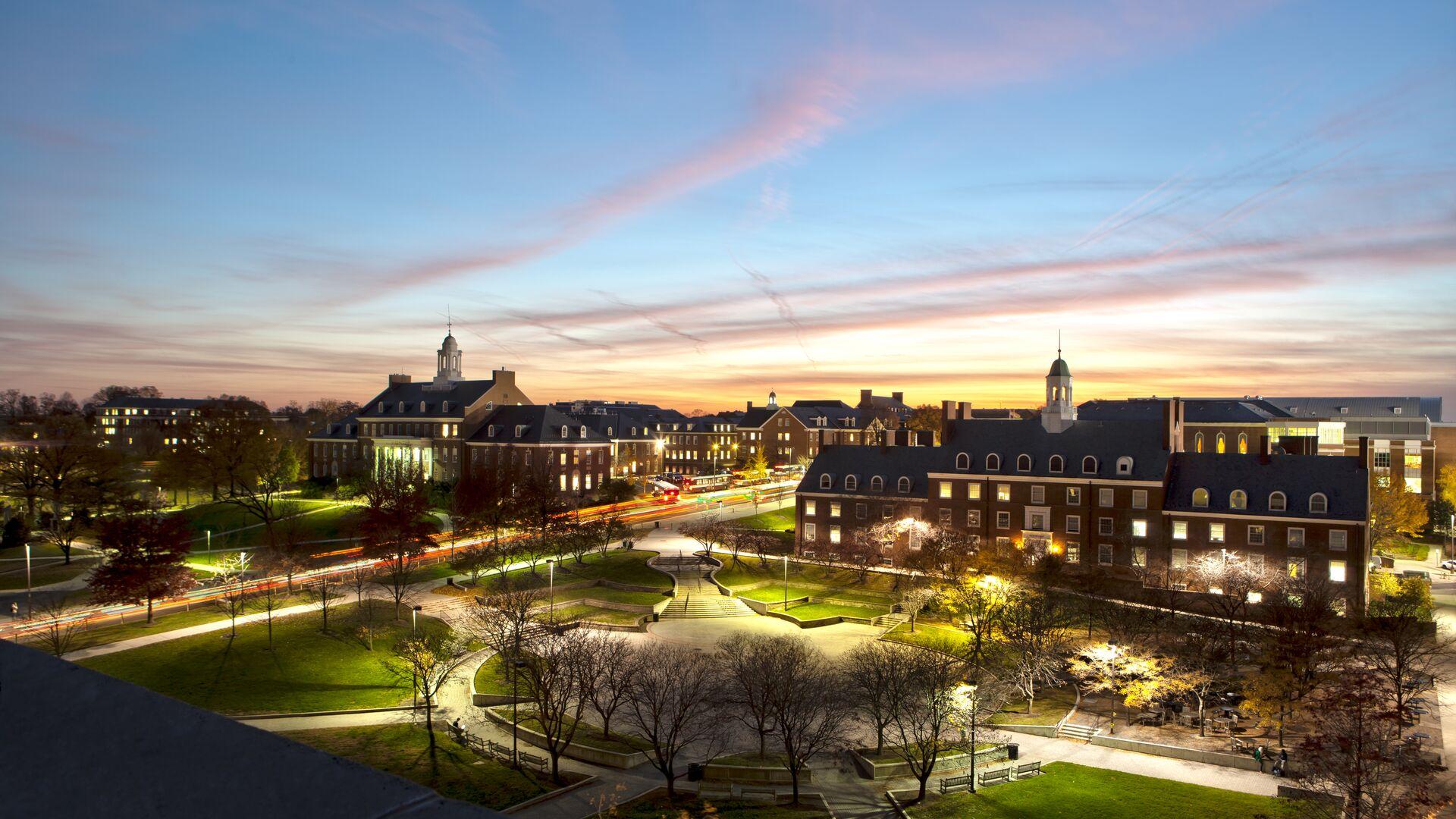 Twilight depends on Hornbake Plaza from the library roof. light waves if wispy pink clouds glide across the sky