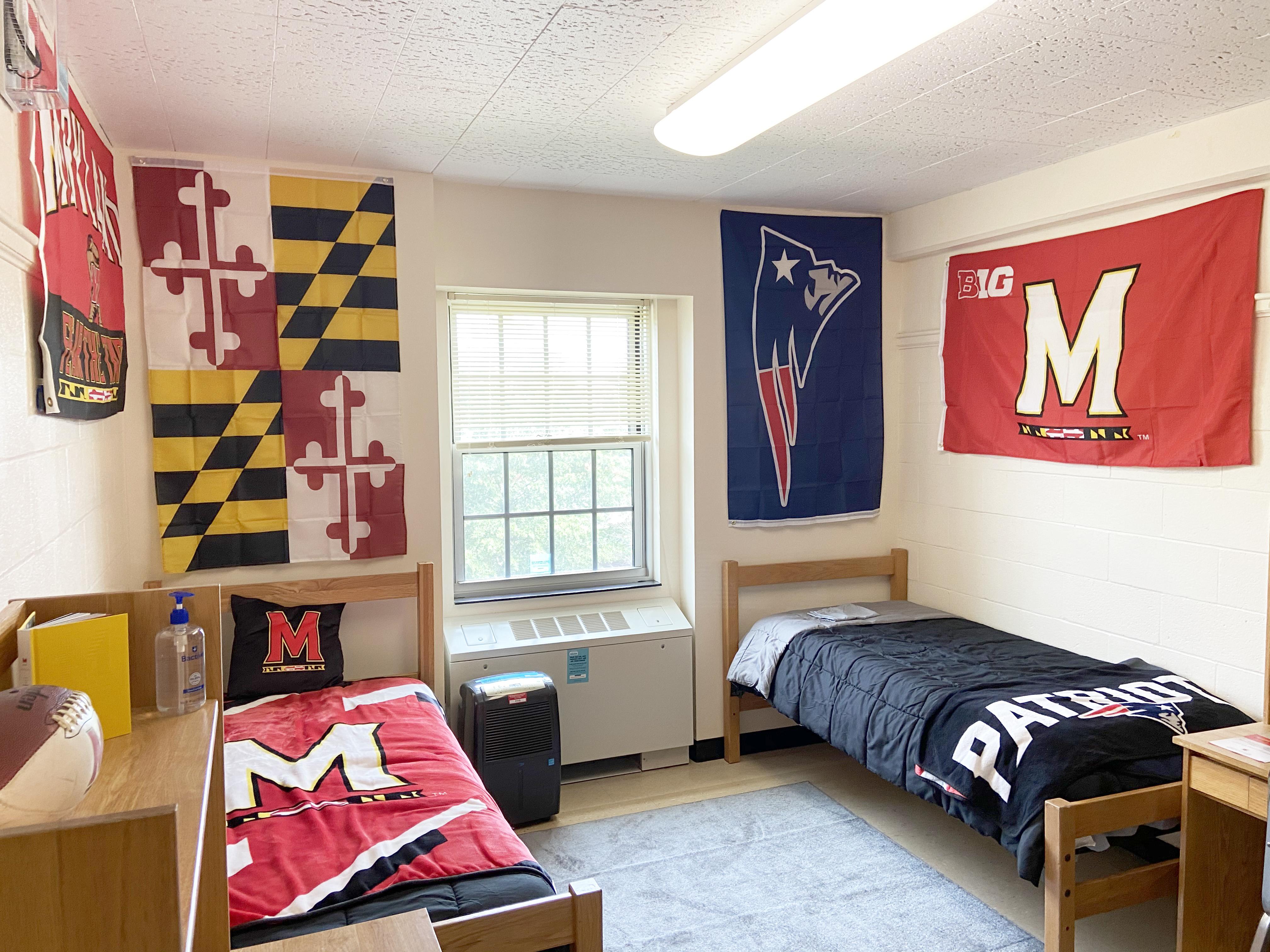 dorm room with two beds