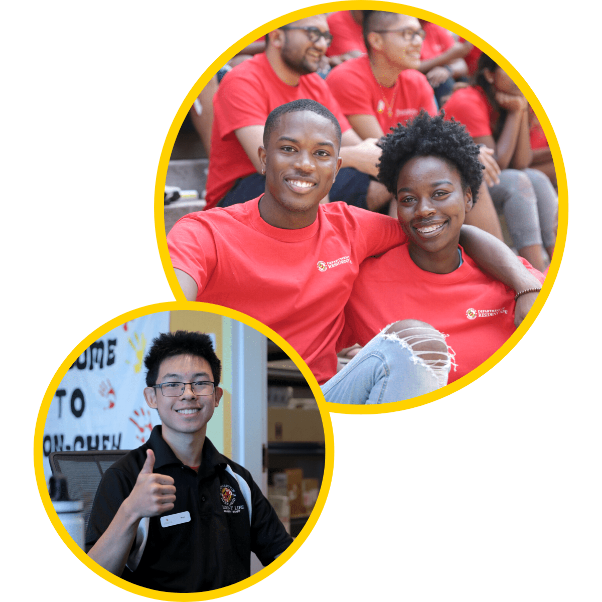 two RAs wearing red shirts sitting on steps outside during training and one community assistant at a service desk with a thumbs up to the camera