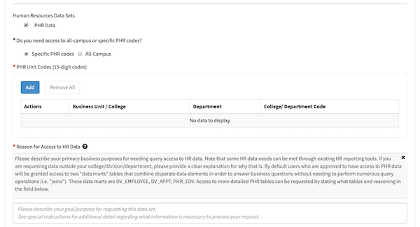 Expanded view after selecting PHR Data