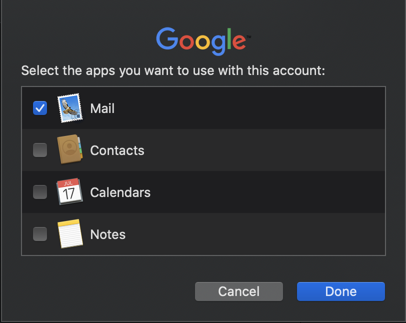 Screenshot of Apple apps you can select to use with the Google account.