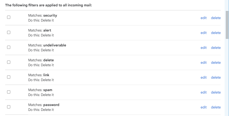 Filters may be set to security, alert, undeliverable, delete, link, spam or password.