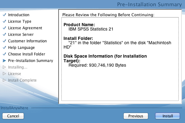 Pre-Instalation Summary Window