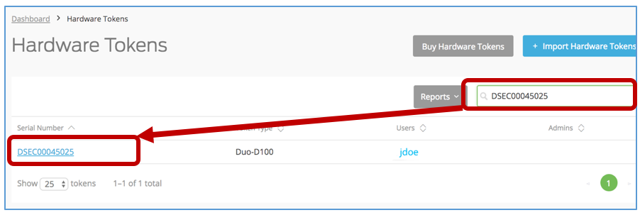 Enter Token Serial Number then click on the serial number