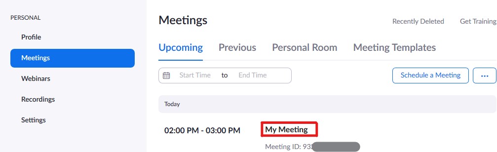 Zoom Meetings with My Meeting highlighted