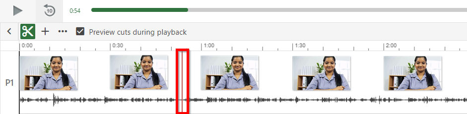 Panopto video editing timeline with vertical red line.