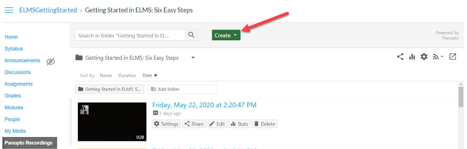 ELMS-Canvas course space with an arrow pointing at the Panopto Recordings 'Create' button.