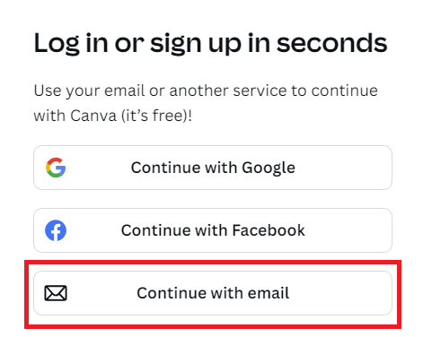 the buttons listing log in options including the login with email option