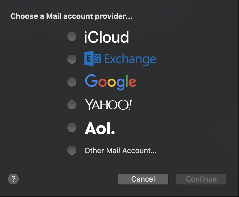 Screenshot of Email account types to choose from: ICloud, Exhchange, Google, Yahoo, AOl and Other providers.