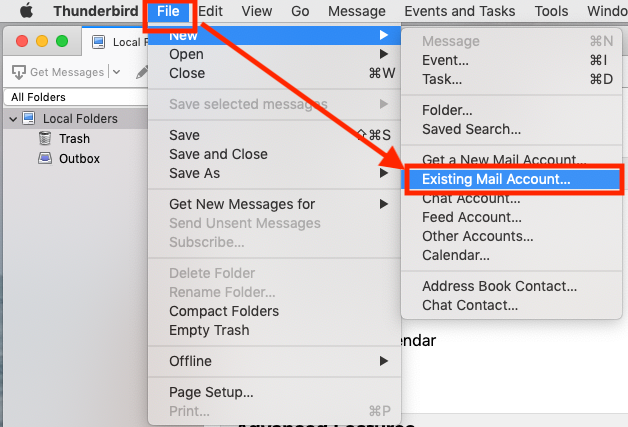 Illustration for navigating to File and Existing Mail Account from Thunderbird Menu