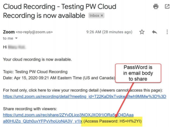 Cloud recording confirmation email. It contains a shareable link and the password for a recording.