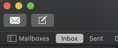 Screenshot Apple mail top menu with Mailboxes, Inbox and Sent buttons.