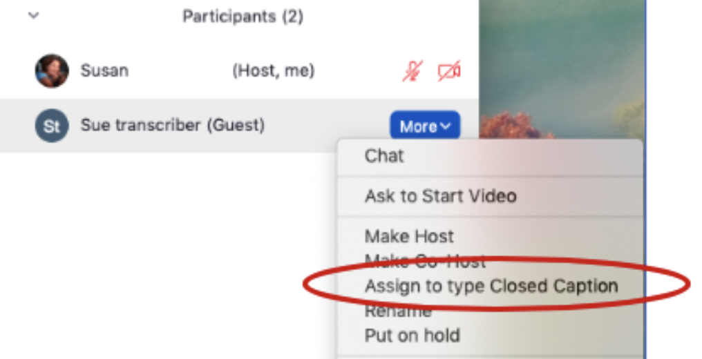 Click the More button and then Assign to type Closed Caption