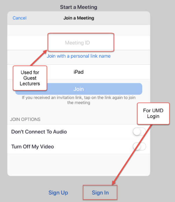 Enter a meeting number as a guest or sign in with your UMD credentials.