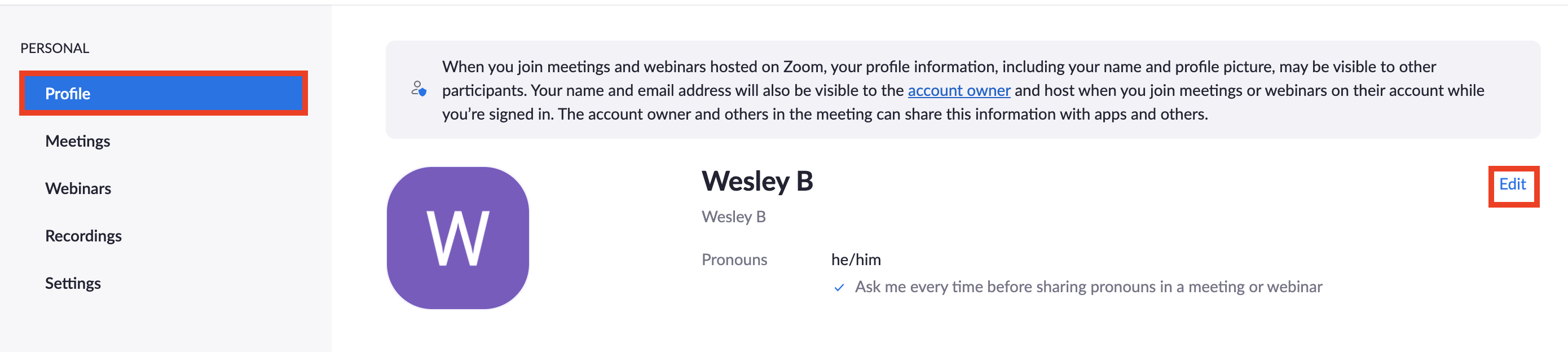 Zoom profile screen. Red box around Edit link to the right of the user's name. 